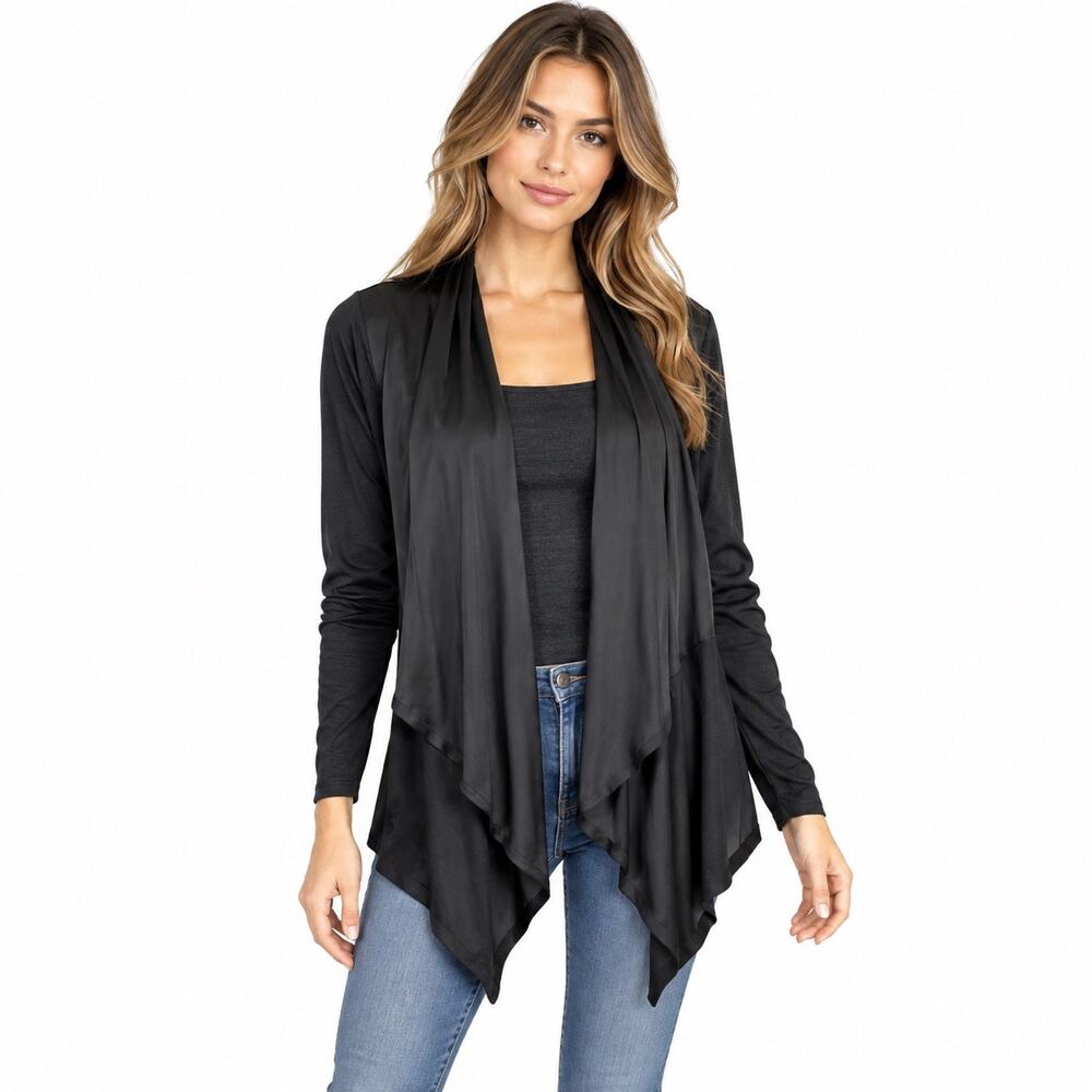 Velvet by Graham & Spencer Black Satin Front Waterfall Cardigan Sweater Womens
